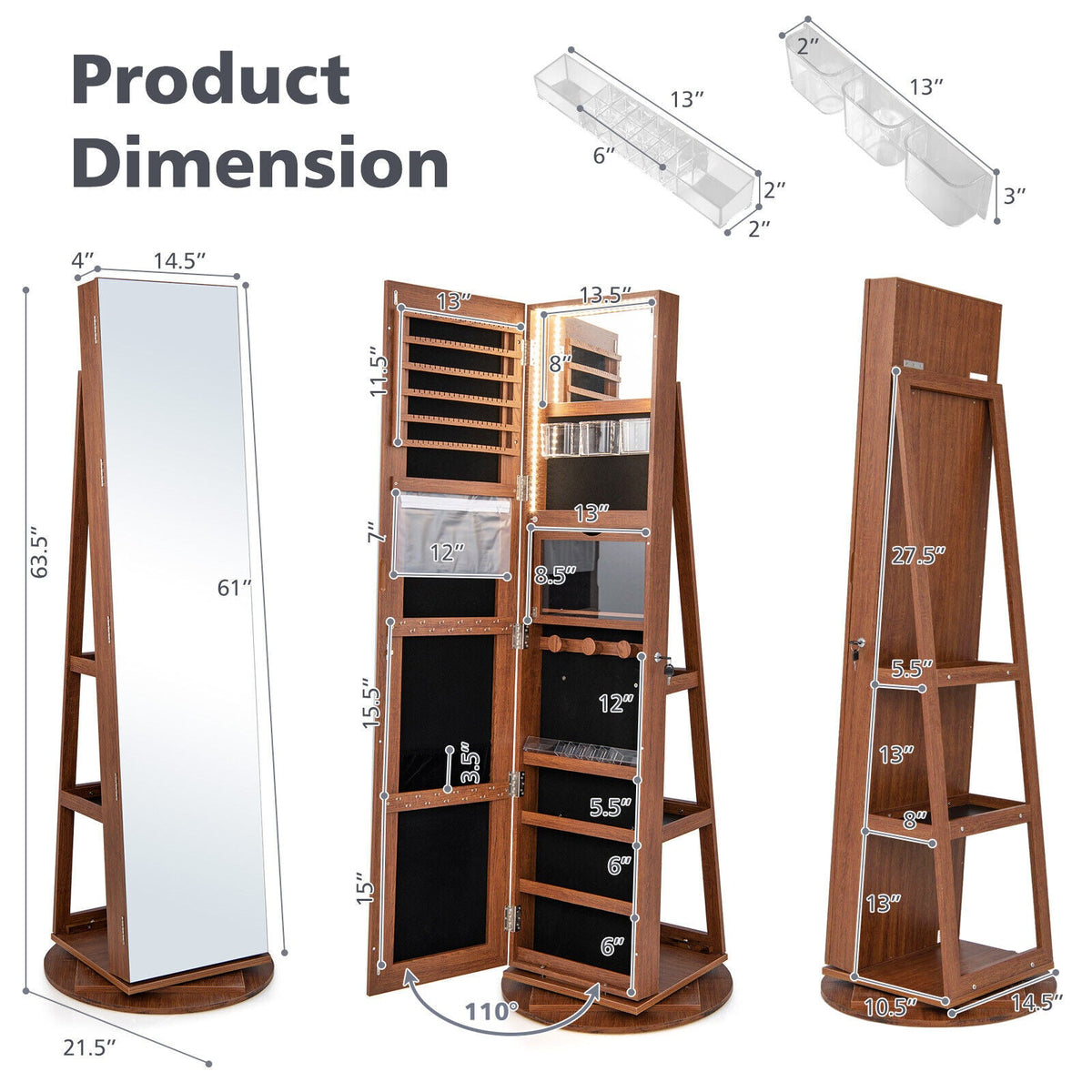 360° Rotating Mirrored Jewelry Cabinet Armoire 3 Color LED Modes Lockable 4