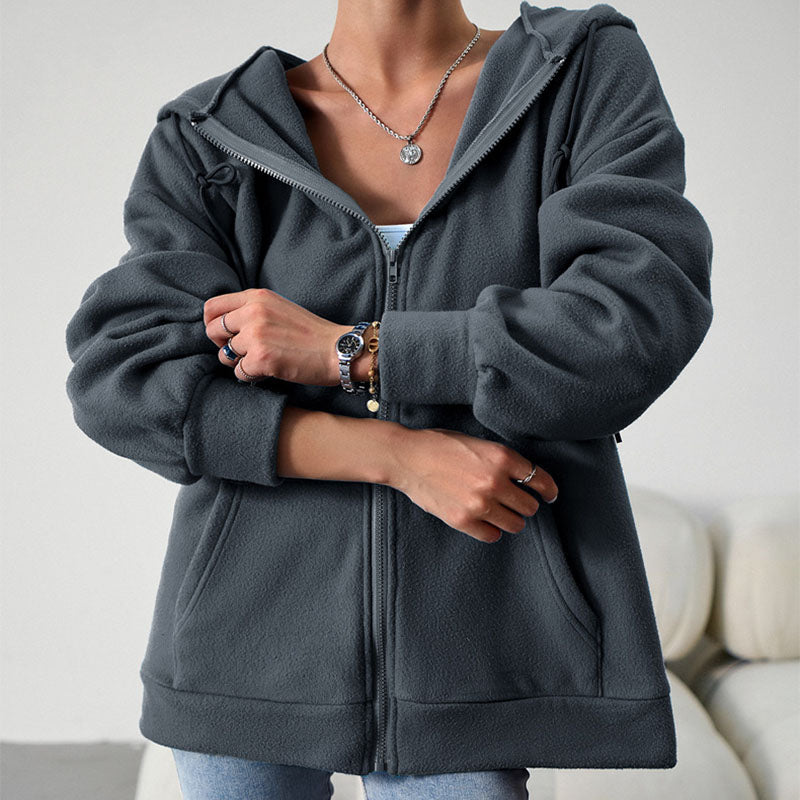 Casual Fashion Hooded Cardigan Jacket With Pockets Winter And Autumn Loose Sports Coat Women Solid Outwear Clothing 6