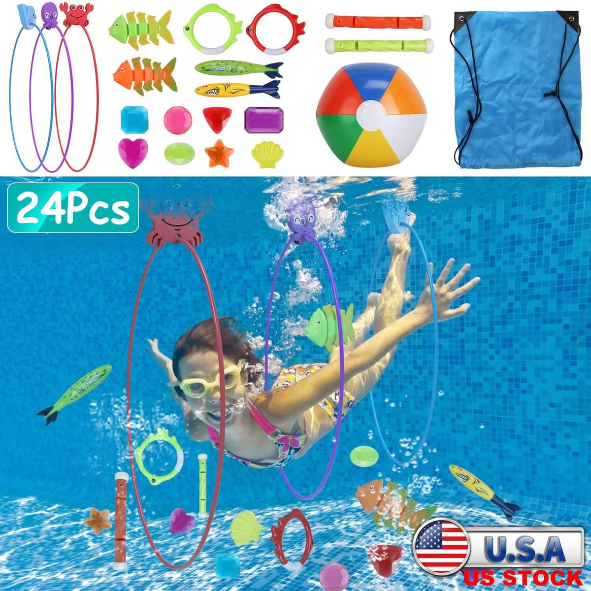 24-Pieces: Diving Toys Swimming Pool for Aged 3+ Years Old 9
