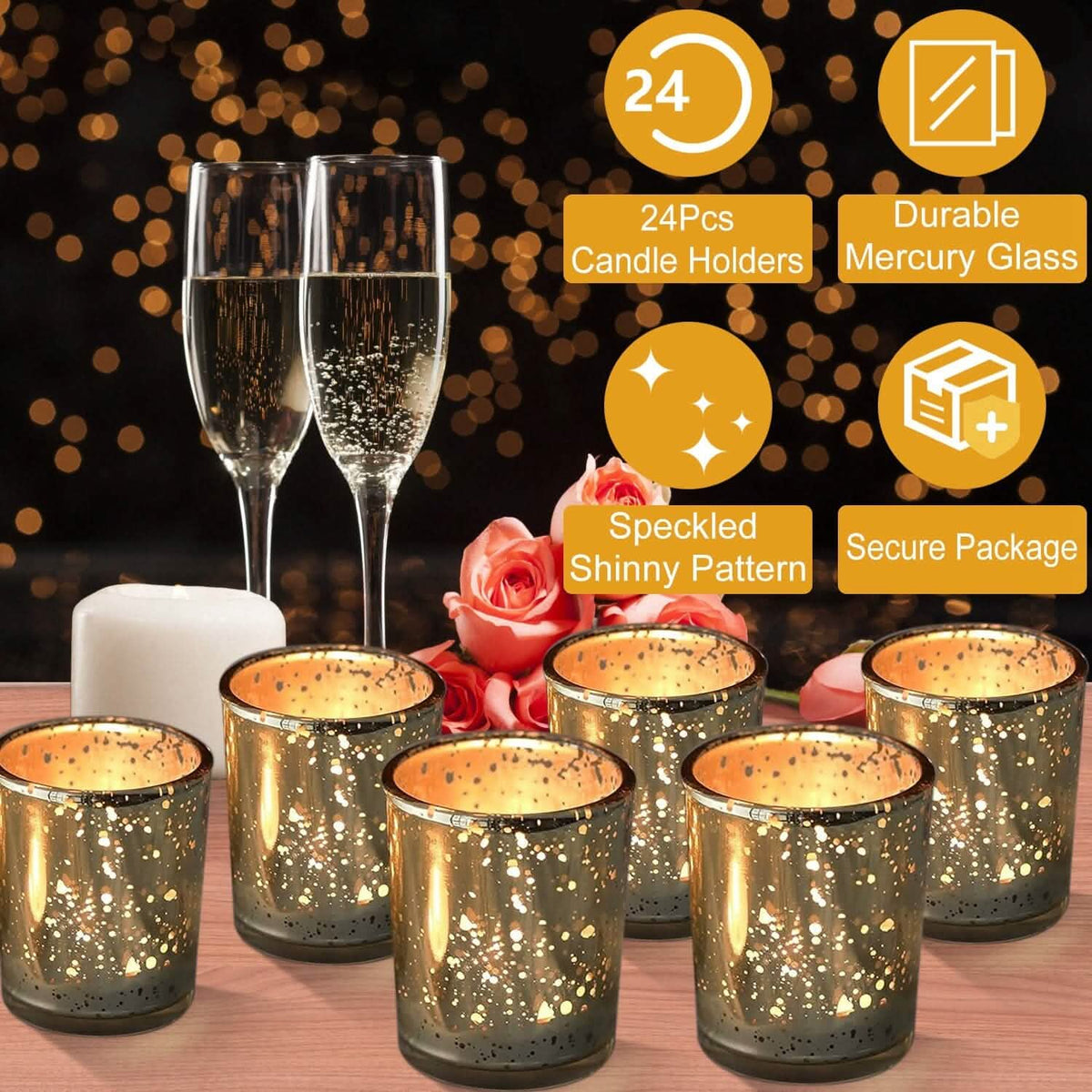 24-Pieces Gold Votive Tealights Candle Holder Mercury Glass 7