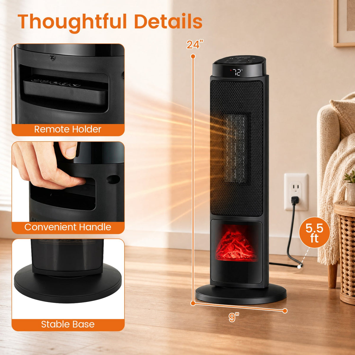 24-Inch PTC Ceramic Tower Space Heater with 7-Color Flame 3