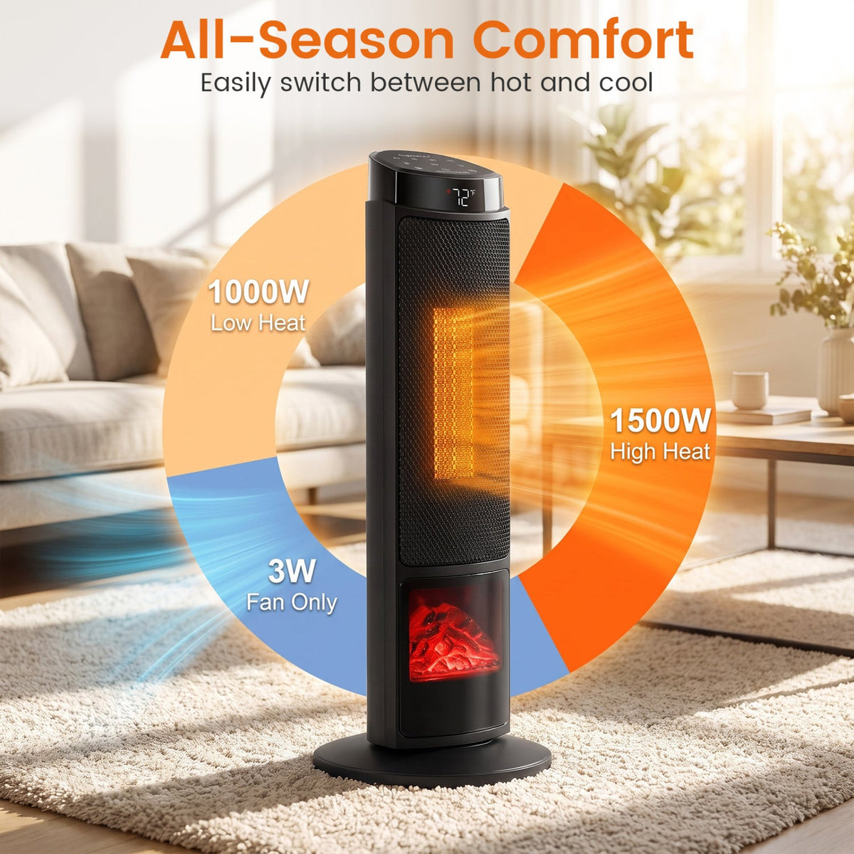 24-Inch PTC Ceramic Tower Space Heater with 7-Color Flame 4