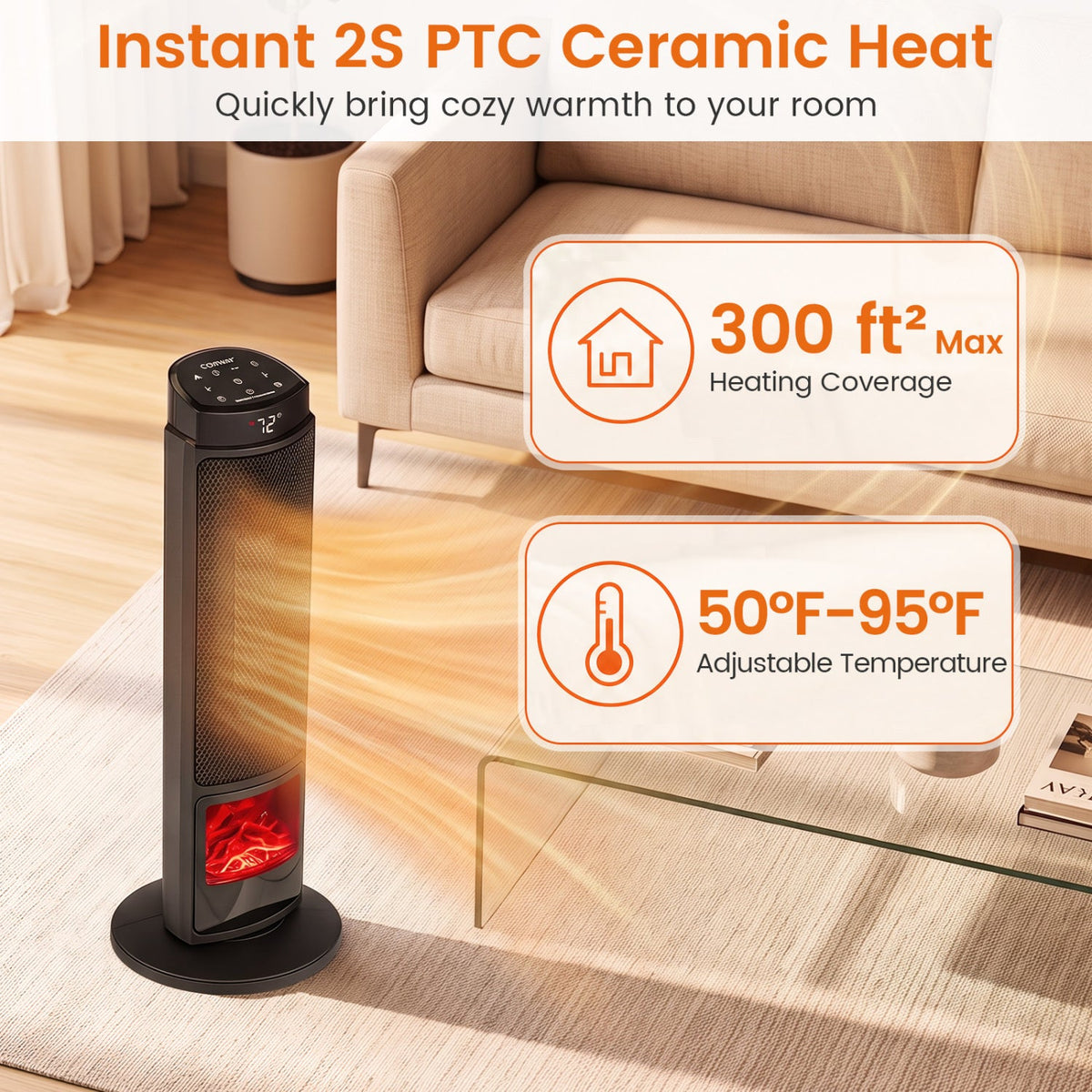 24-Inch PTC Ceramic Tower Space Heater with 7-Color Flame 7