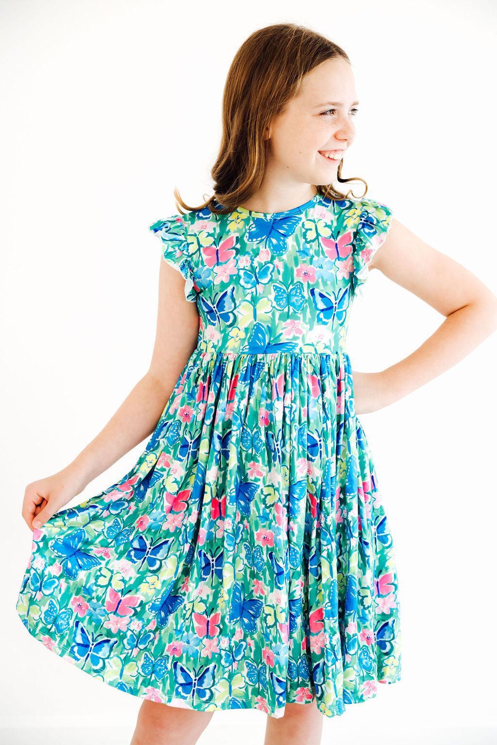 Watercolor Butterflies Flutter Sleeve Twirl Dress 3