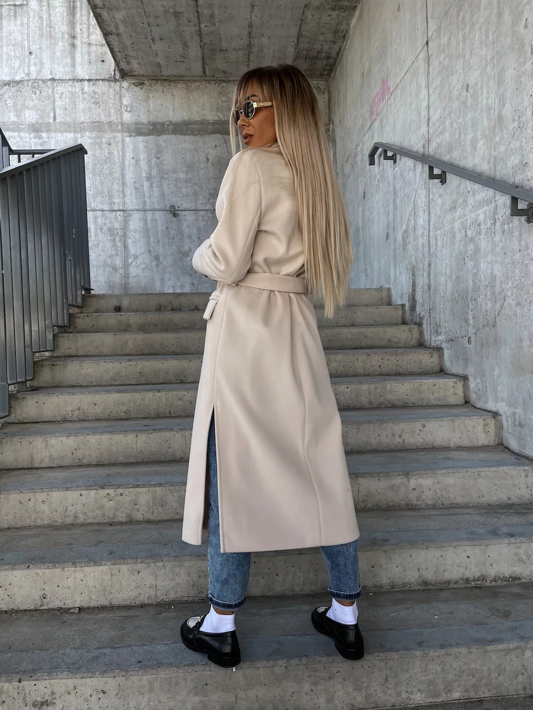 Double-breasted Lapel Split Jacket With Belt Winter Fashion Casual Long Sleeve Button Daily Coats For Women Clothing 5