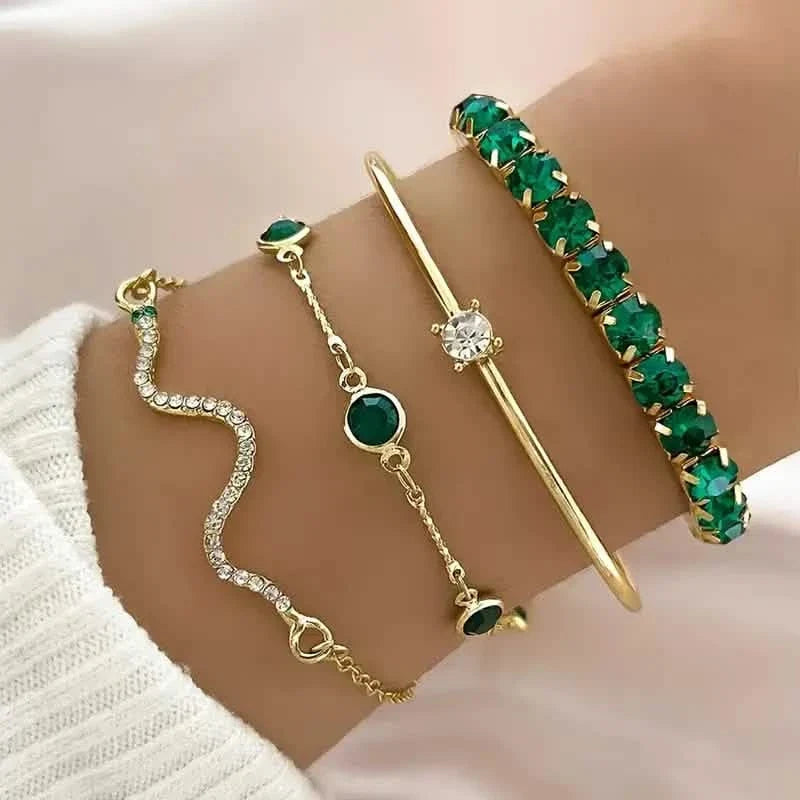 4pcs Green Emerald Rhinestone Snake Bracelet Set for Women 1