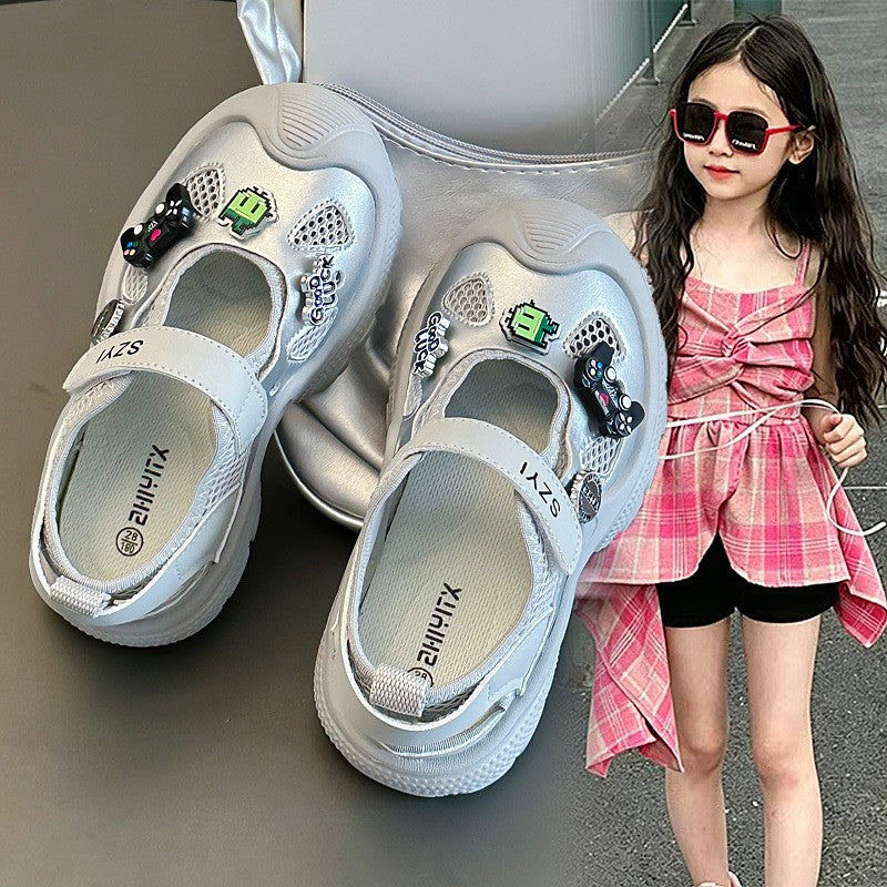 Trendy Brand Kids Mary Jane Sneakers, Hollow Out Heel Design, Hook-and-Loop Slip-On Breathable Mesh Shoes For Girls 6