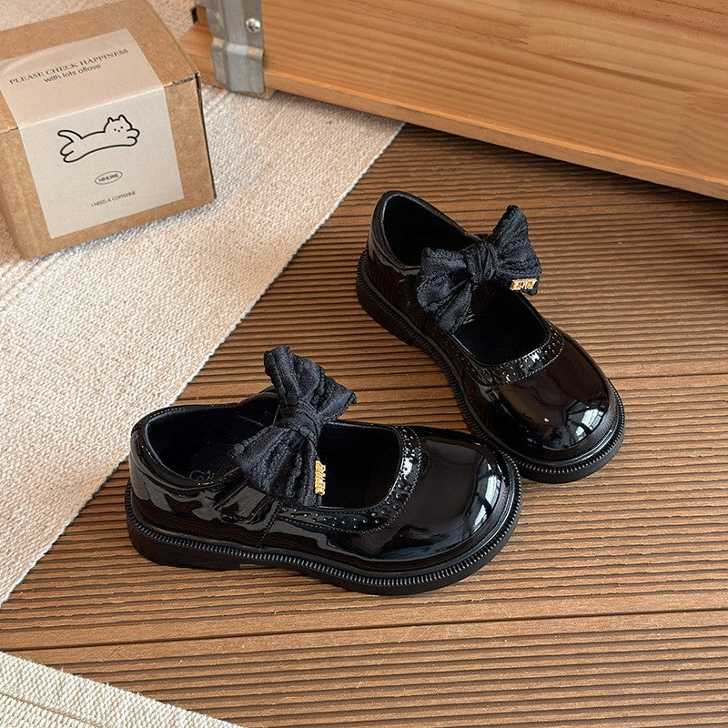 2026 Spring New Kids Leather Shoes, Stylish Black Bow Princess Mary Jane Flat Shoes For Girls 4