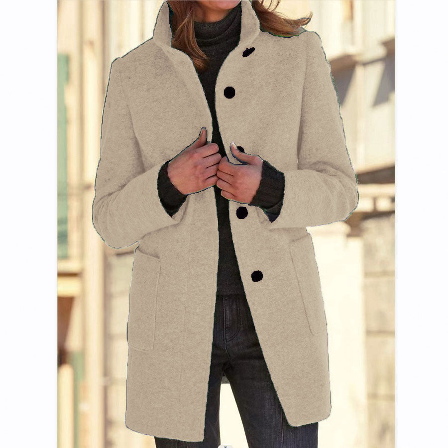 Fashion Stand Collar Woolen Coat With Pockets Fall Winter Casual Button Outwear For Women Clothing 10