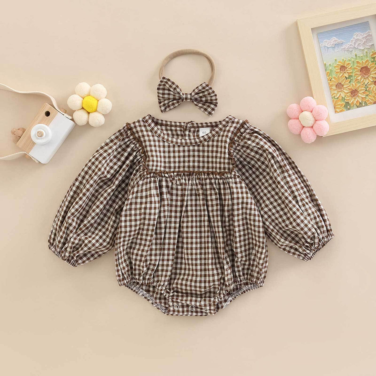 Simple Plaid-Print Long-Sleeve Outfit For Infants And Toddlers 2