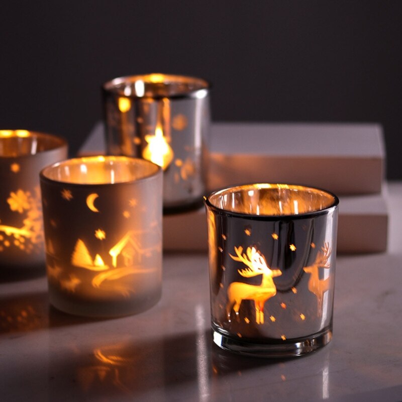 Silver Scented Candle Container Handmade Candle Glass Empty Jar Christmas Reindeer Pattern Light Candle Cup Home Decor 6