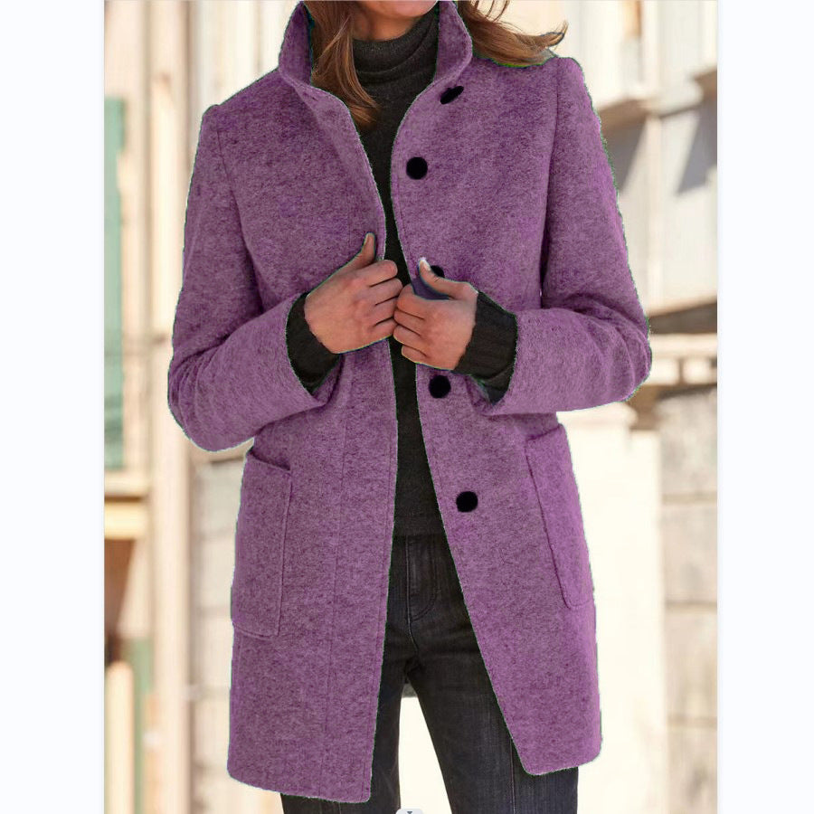 Fashion Stand Collar Woolen Coat With Pockets Fall Winter Casual Button Outwear For Women Clothing 5