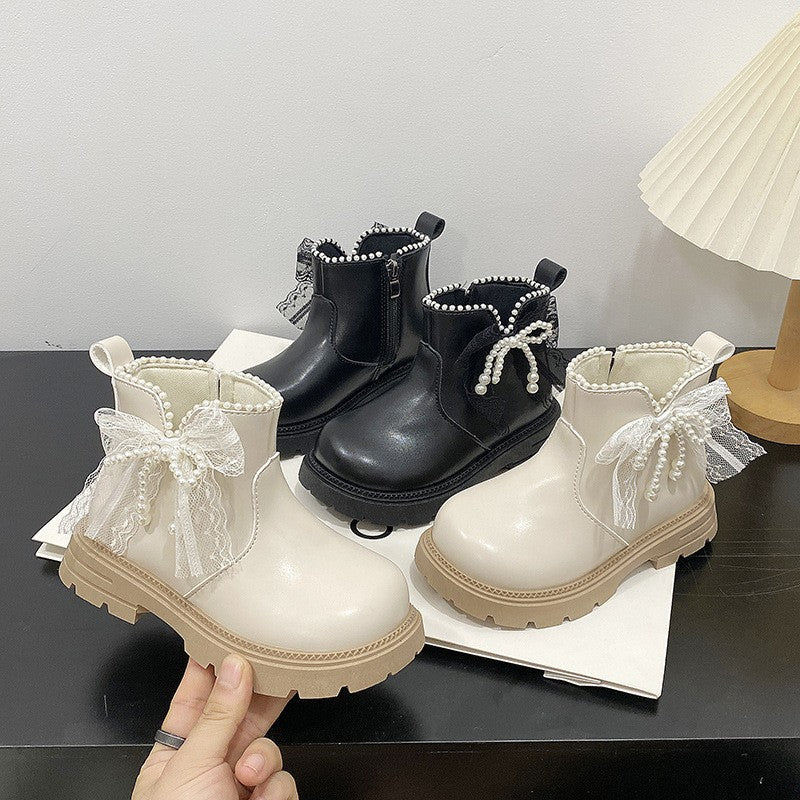 2026 Spring New Princess Boots For Girls, Kids Martin Boots, Bow & Pearl Decor Soft Sole Leather Boots For Big & Medium Kids 4