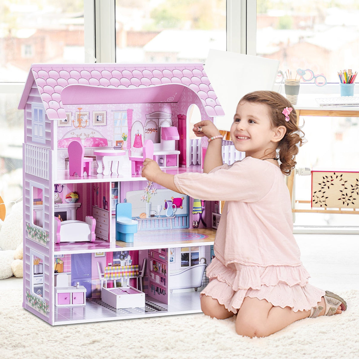 28 Inch Pink Dollhouse with Furniture 1
