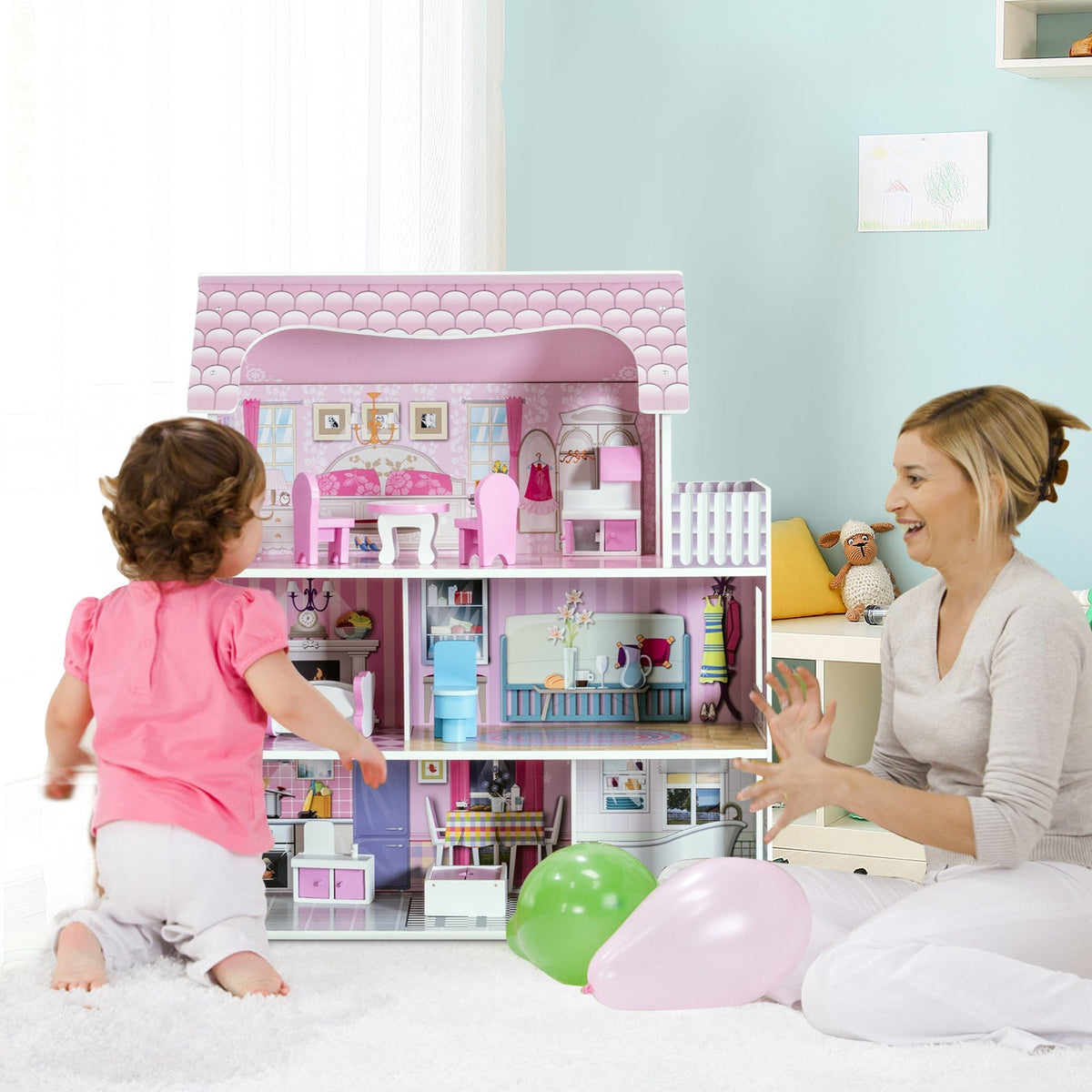 28 Inch Pink Dollhouse with Furniture 2