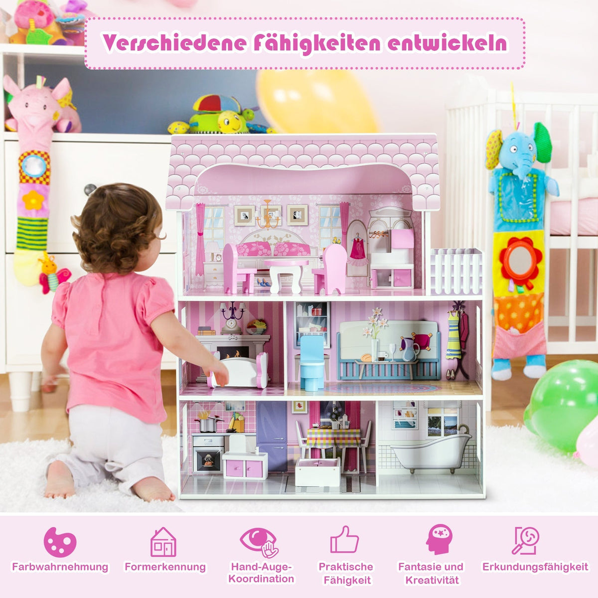 28 Inch Pink Dollhouse with Furniture 8