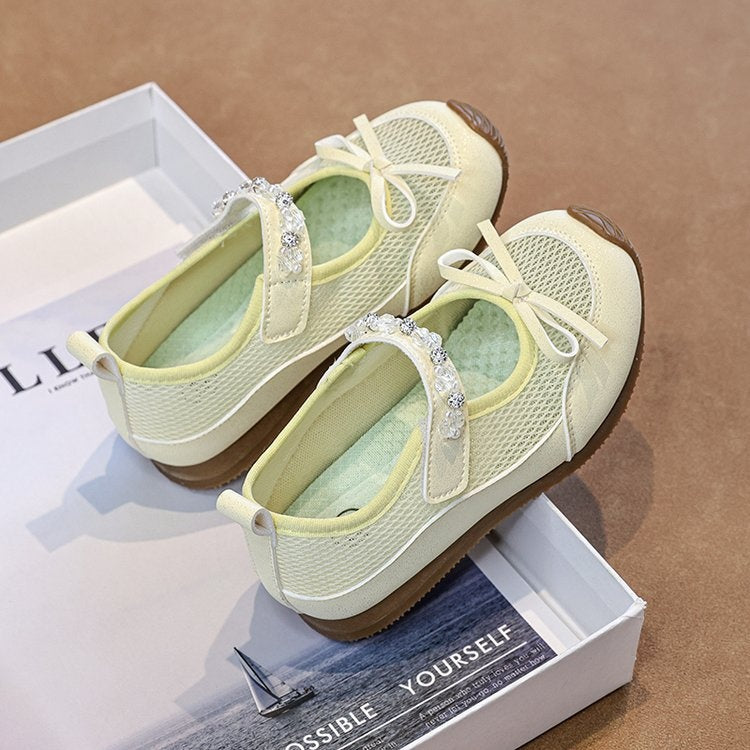 2026 Summer New Girls Ballet Shoes, Mary Jane Sandals With Bow & Rhinestone, Breathable Soft Sole Kids Shoes 2