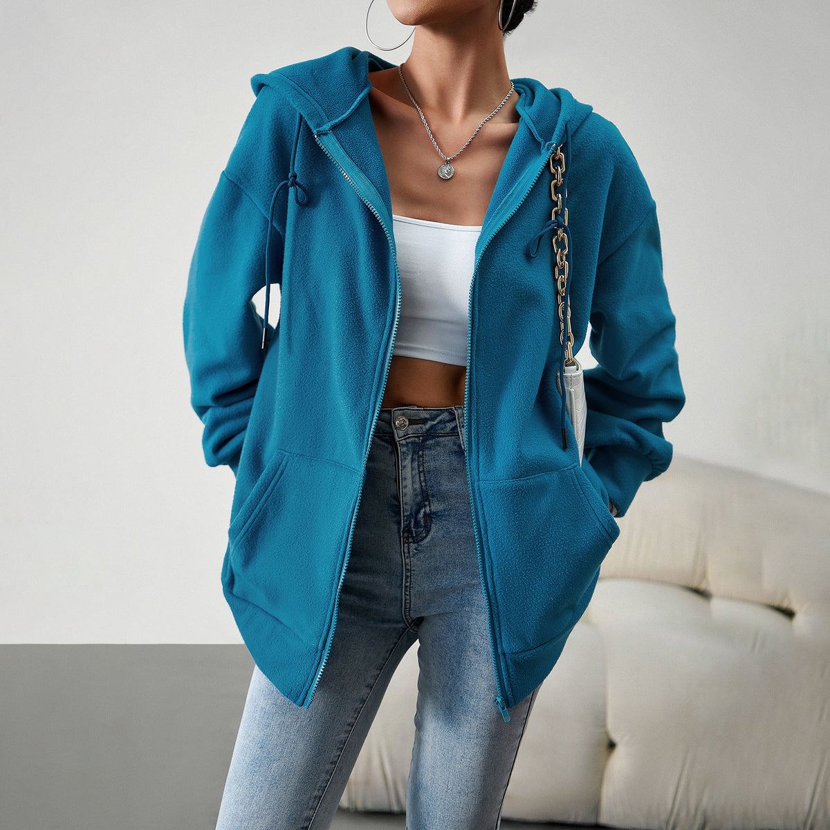 Casual Fashion Hooded Cardigan Jacket With Pockets Winter And Autumn Loose Sports Coat Women Solid Outwear Clothing 7