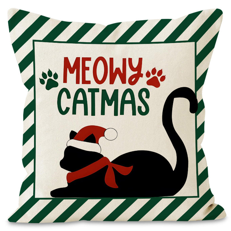 Christmas striped pillow cover linen black cat print pillowcase home holiday decoration cushion cover 9