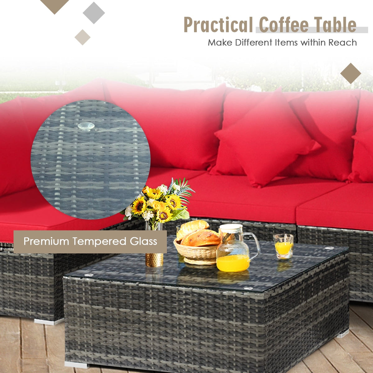 7 Pieces Patio Rattan Furniture Set Sectional Sofa Garden Cushion 36