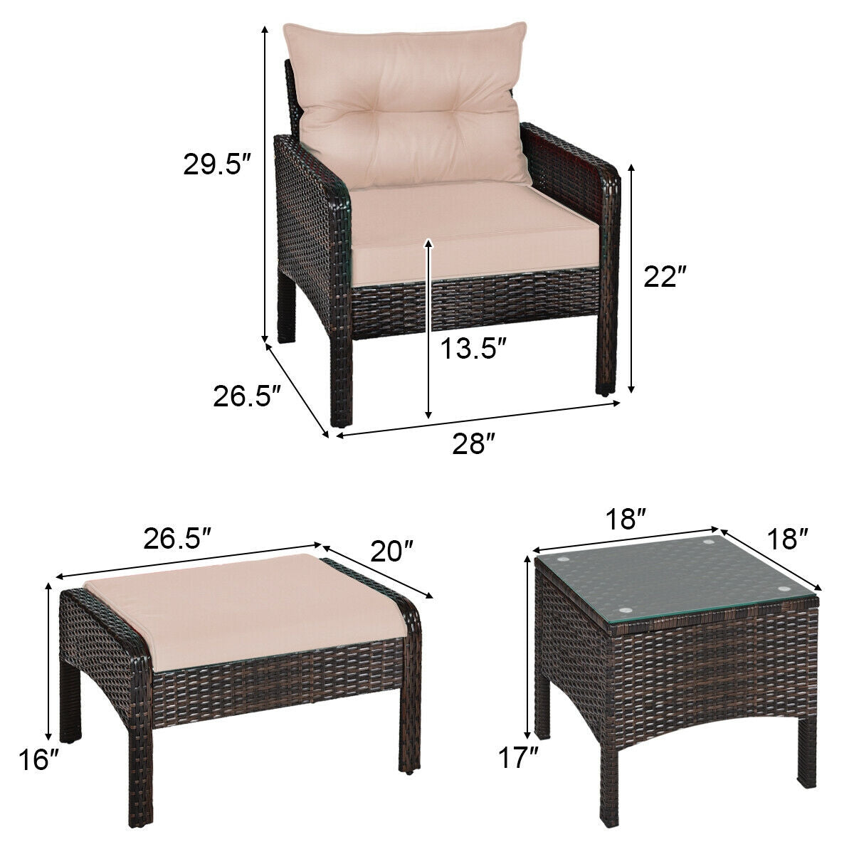 5 Pieces Patio Rattan Sofa Ottoman Furniture Set with Cushions-Black 4