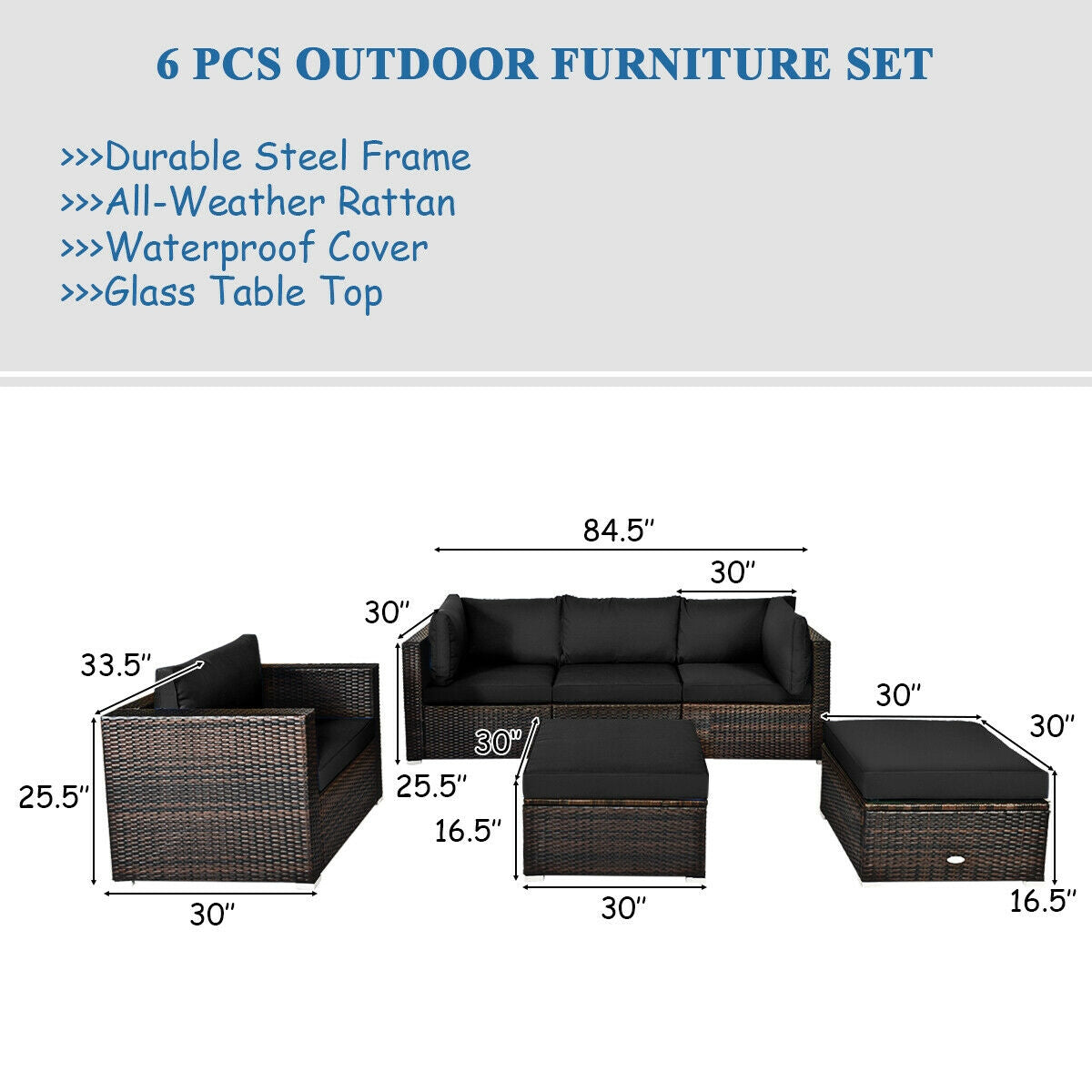 6 Pcs Patio Rattan Furniture Set with Sectional Cushion 4