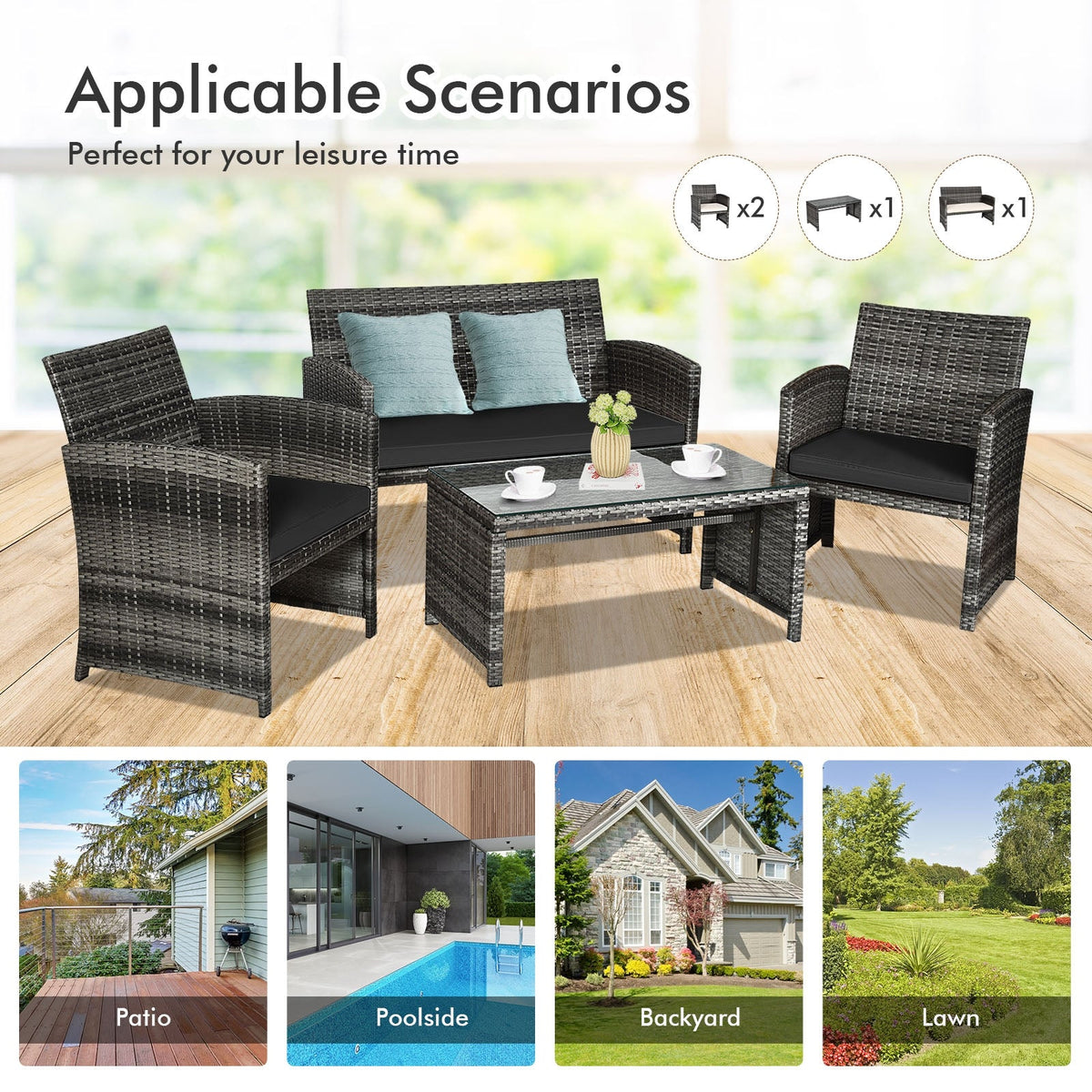 4 Pieces Patio Rattan Furniture Set with Glass Table and Loveseat-Gray 3