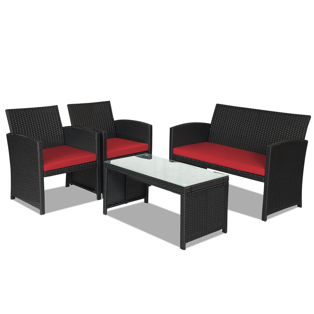 4 Pieces Rattan Patio Furniture Set with Weather Resistant Cushions and Tempered Glass Tabletop 9