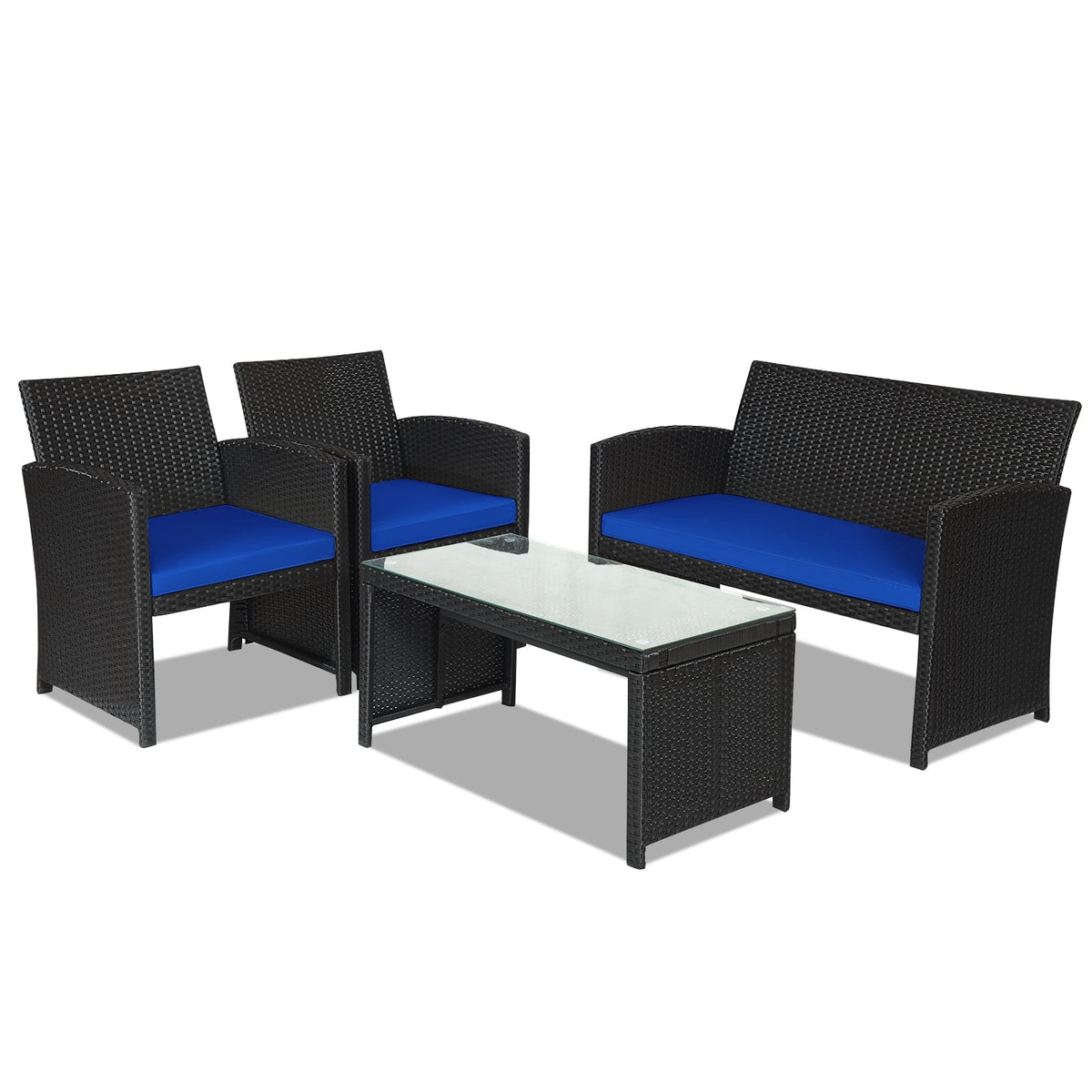 4 Pieces Rattan Patio Furniture Set with Weather Resistant Cushions and Tempered Glass Tabletop 4