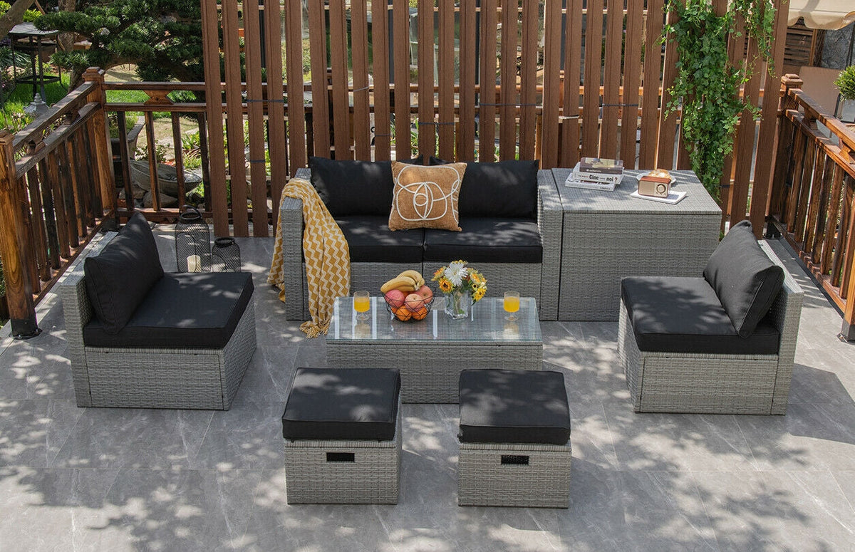 8 Pieces Patio Rattan Furniture Set with Storage Waterproof Cover and Cushion 2
