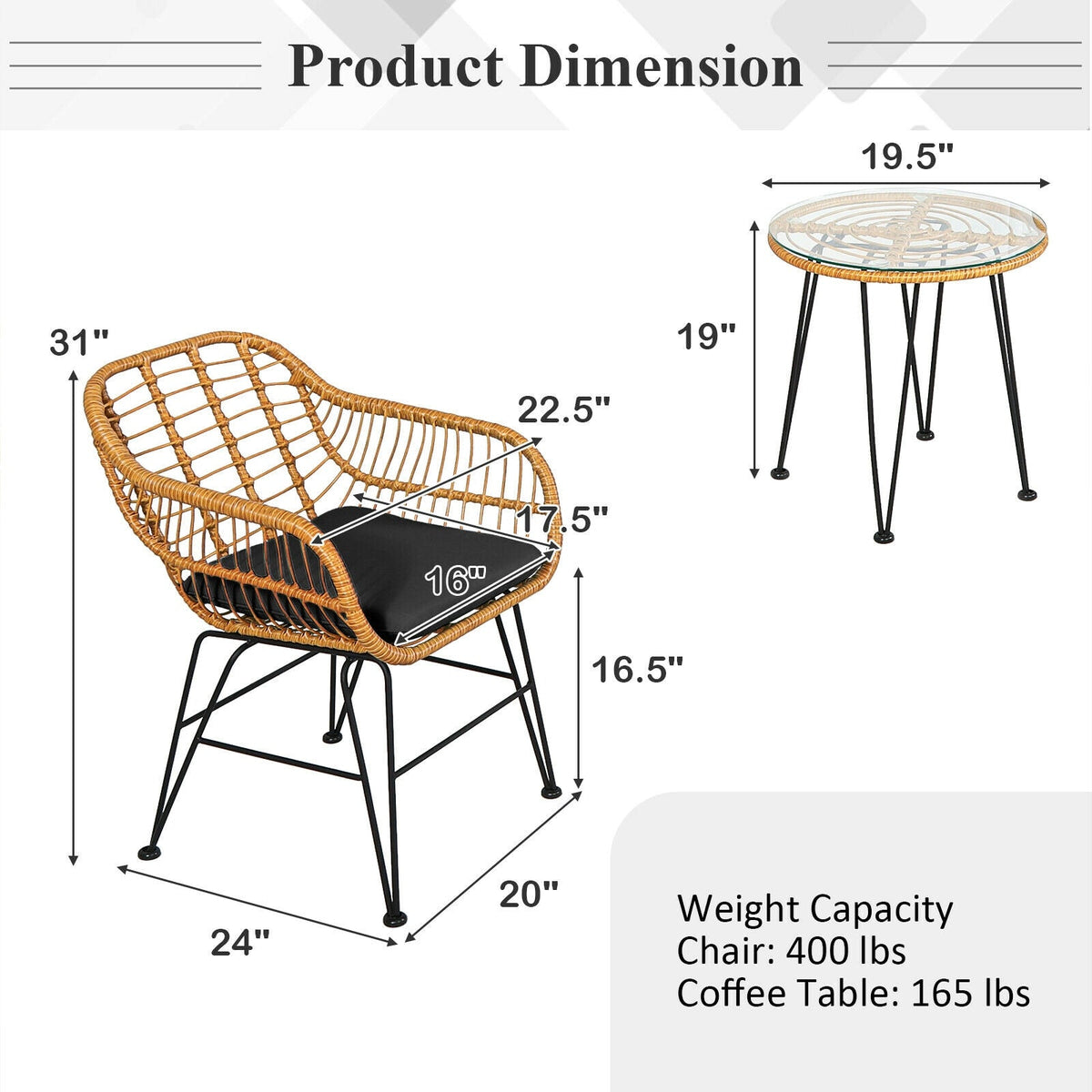 3 Pieces Rattan Furniture Set with Cushioned Chair Table 8