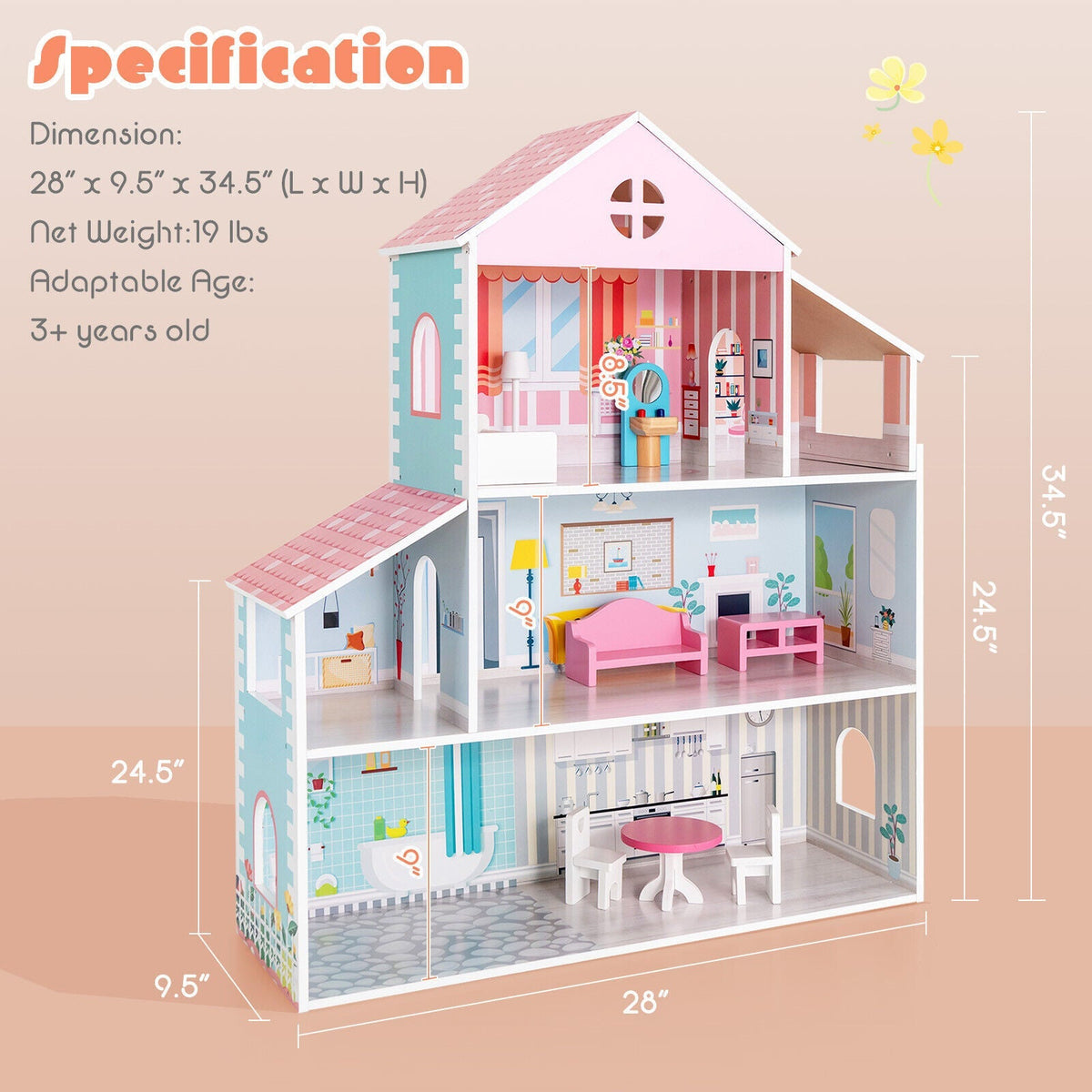 3-Tier Toddler Doll House with Furniture Gift for Age over 3 5