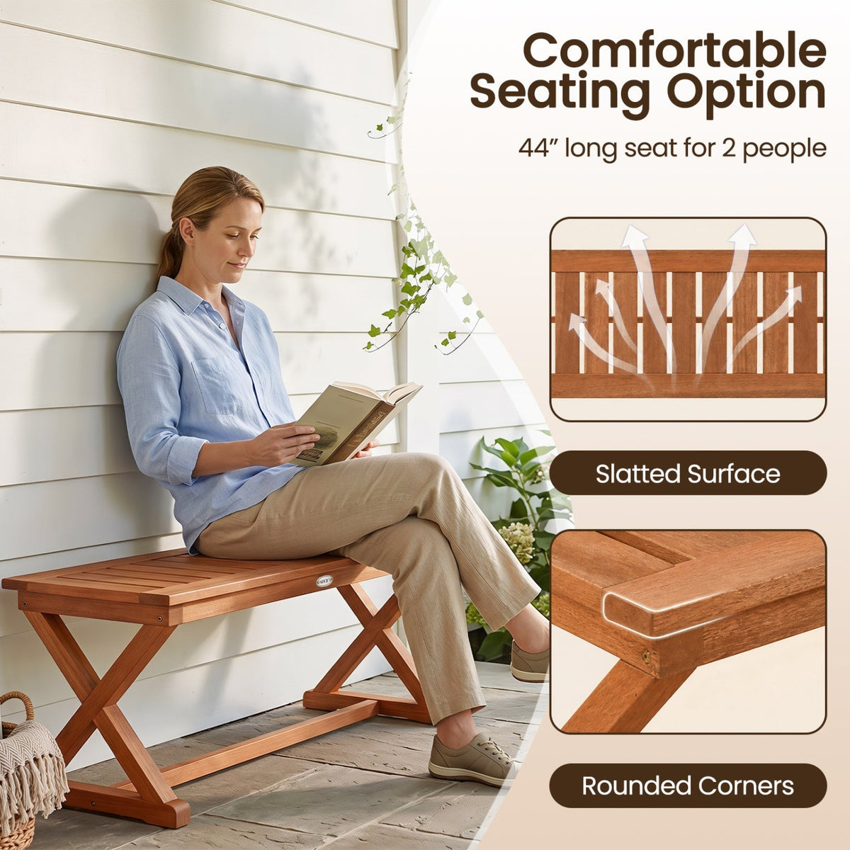 2-Person 44" Solid Wood Outdoor Bench with Slatted Seat for Patio Park Balcony 7