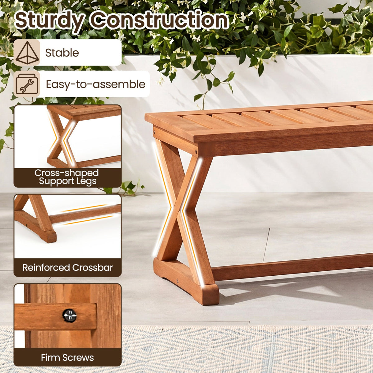 2-Person 44" Solid Wood Outdoor Bench with Slatted Seat for Patio Park Balcony 8