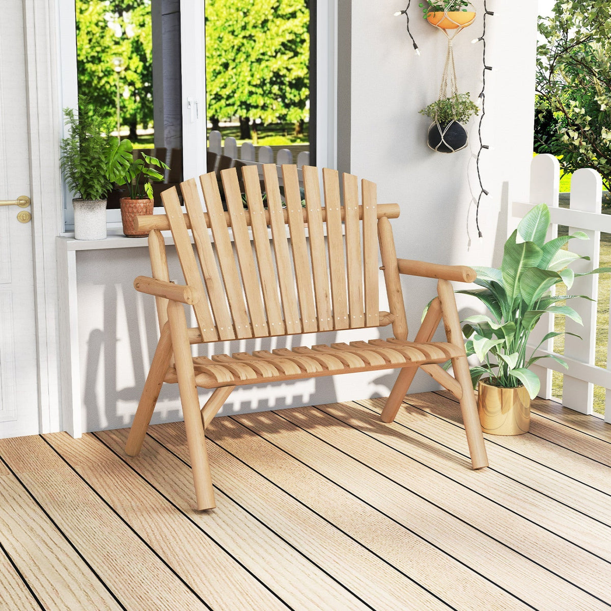 2-Person Log Wood Patio Bench with Slatted Backrest 10