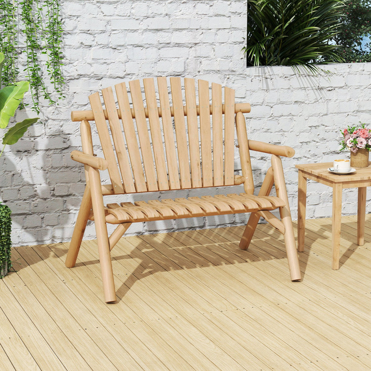 2-Person Log Wood Patio Bench with Slatted Backrest 12