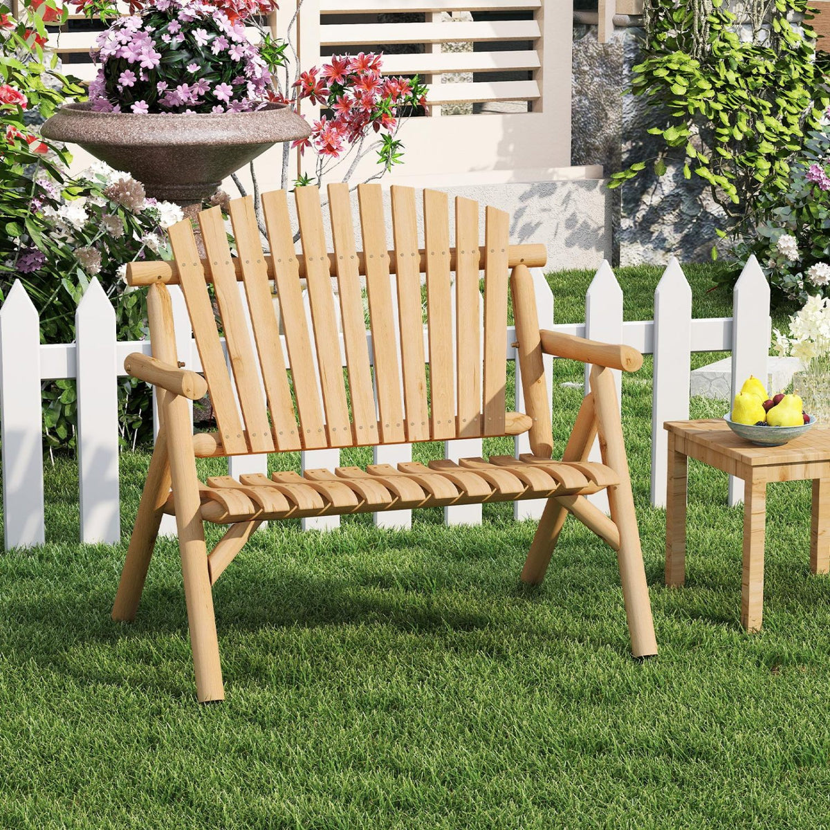 2-Person Log Wood Patio Bench with Slatted Backrest 13