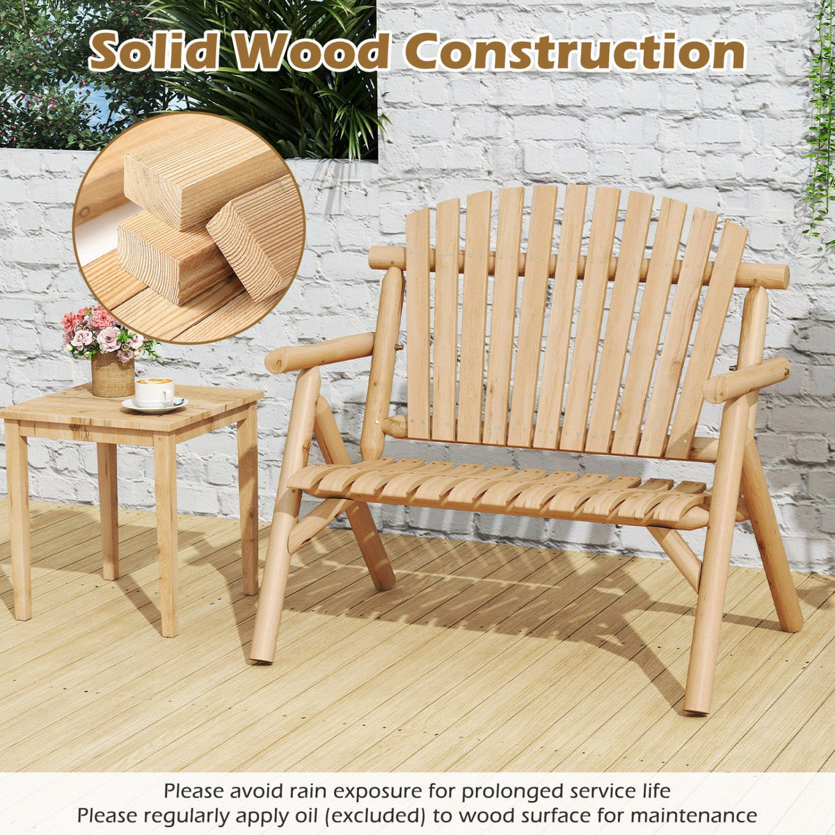 2-Person Log Wood Patio Bench with Slatted Backrest 14