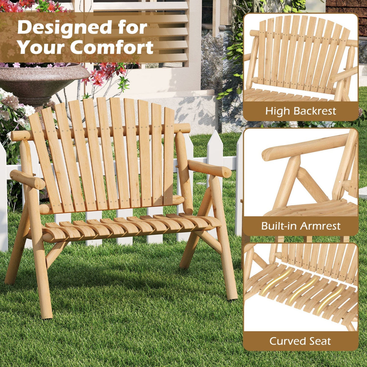 2-Person Log Wood Patio Bench with Slatted Backrest 15