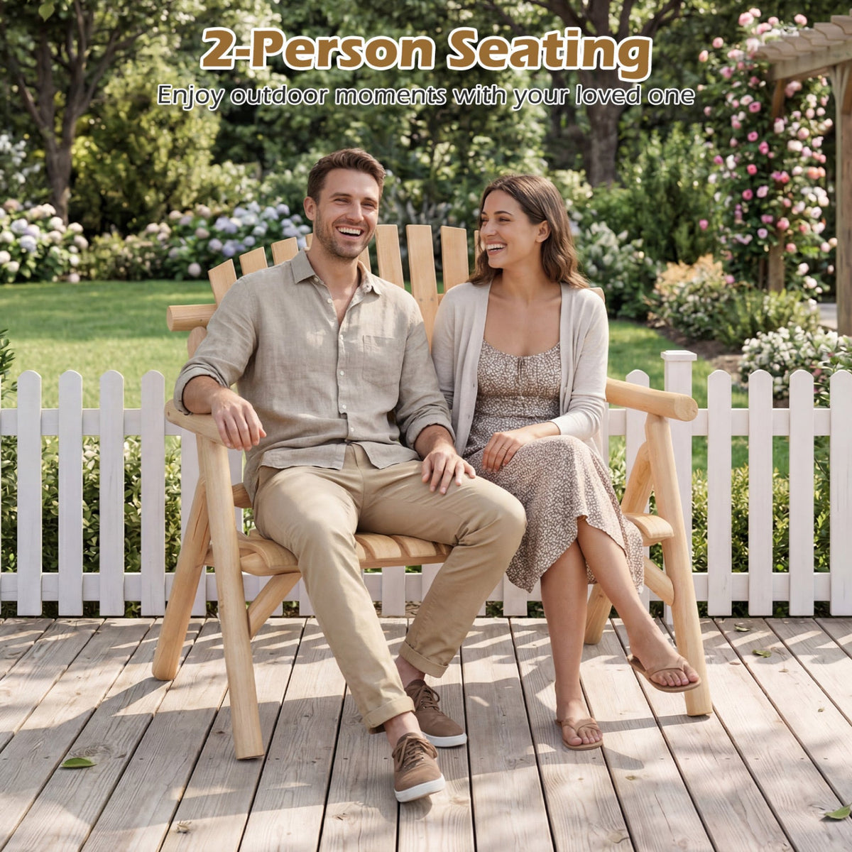 2-Person Log Wood Patio Bench with Slatted Backrest 16