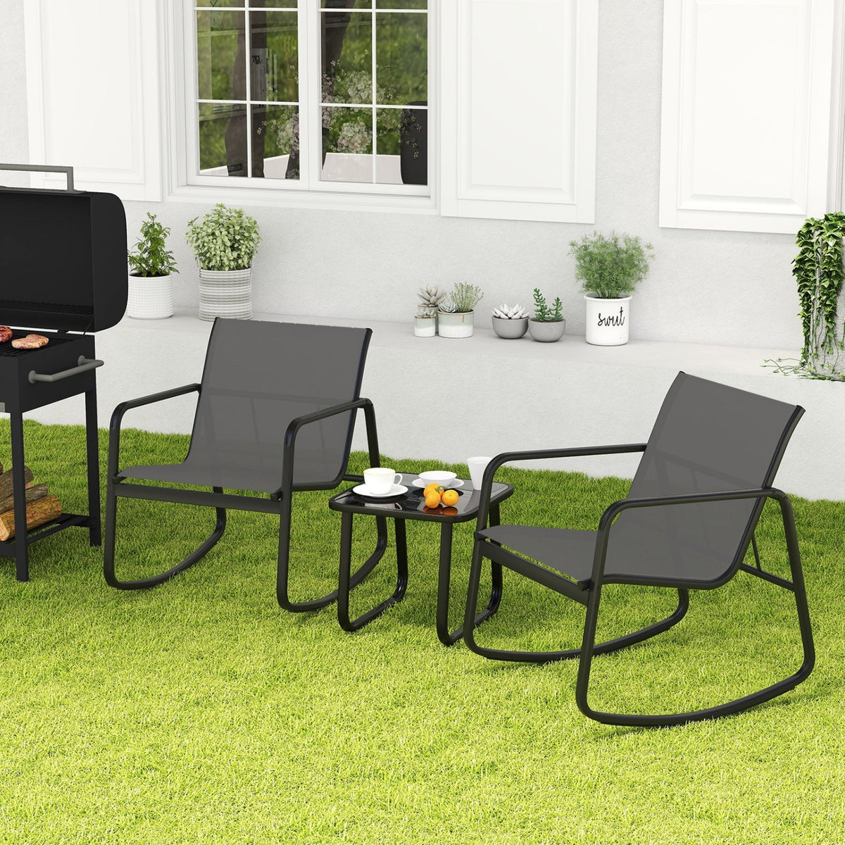 3-Piece Rocking Bistro Set with Glass Table for Patio 1
