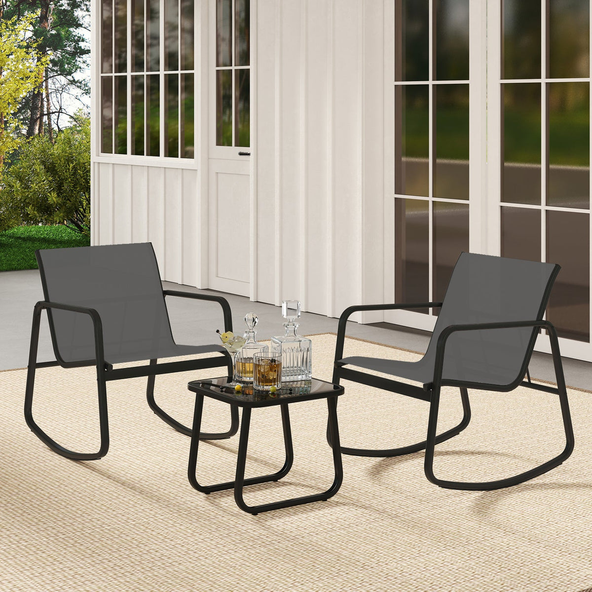 3-Piece Rocking Bistro Set with Glass Table for Patio 2