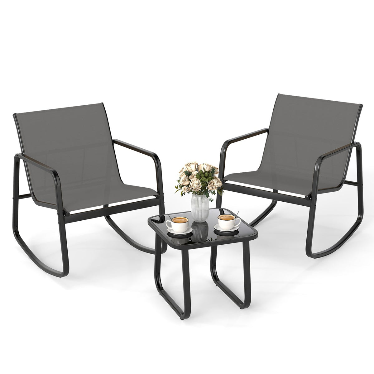 3-Piece Rocking Bistro Set with Glass Table for Patio 3