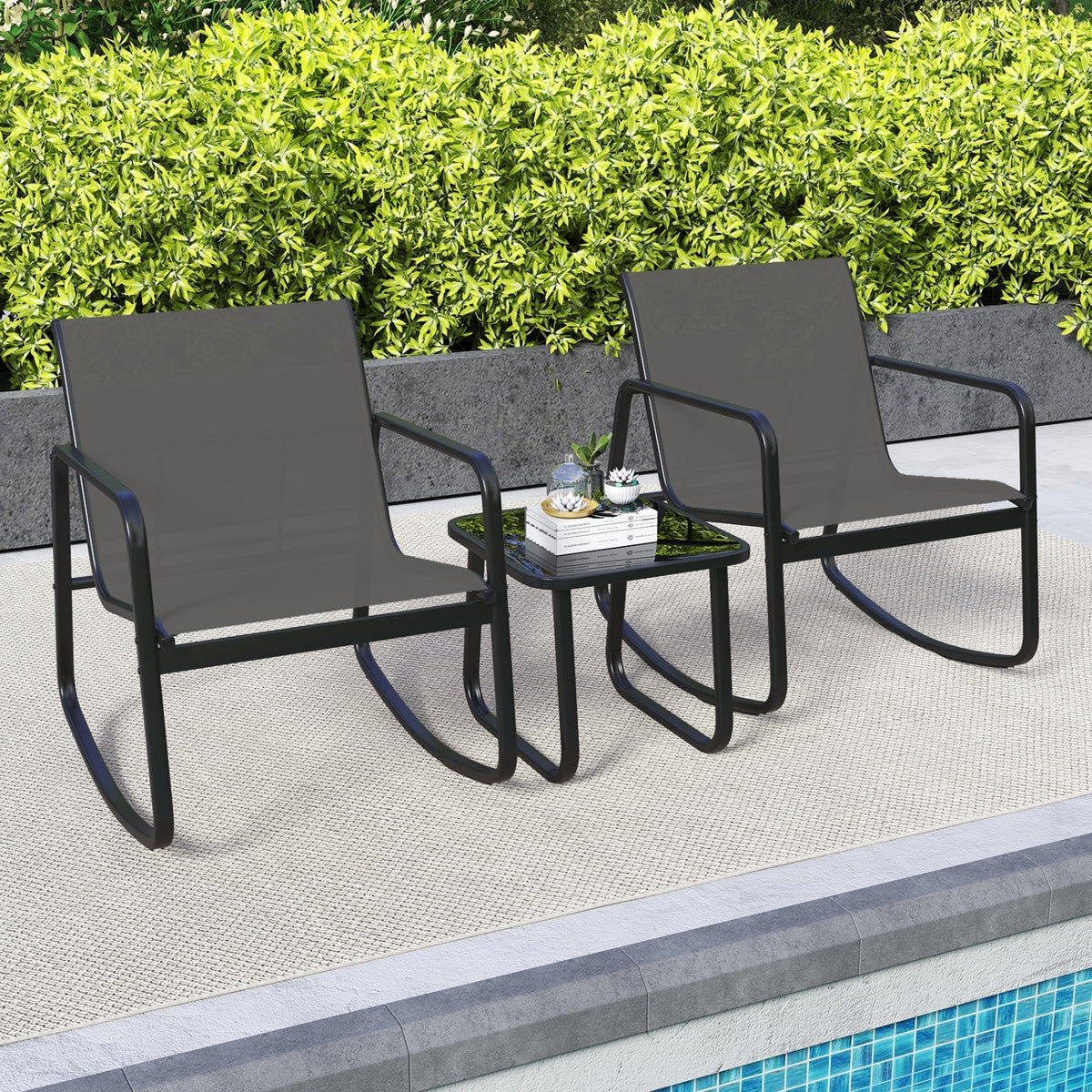 3-Piece Rocking Bistro Set with Glass Table for Patio 5