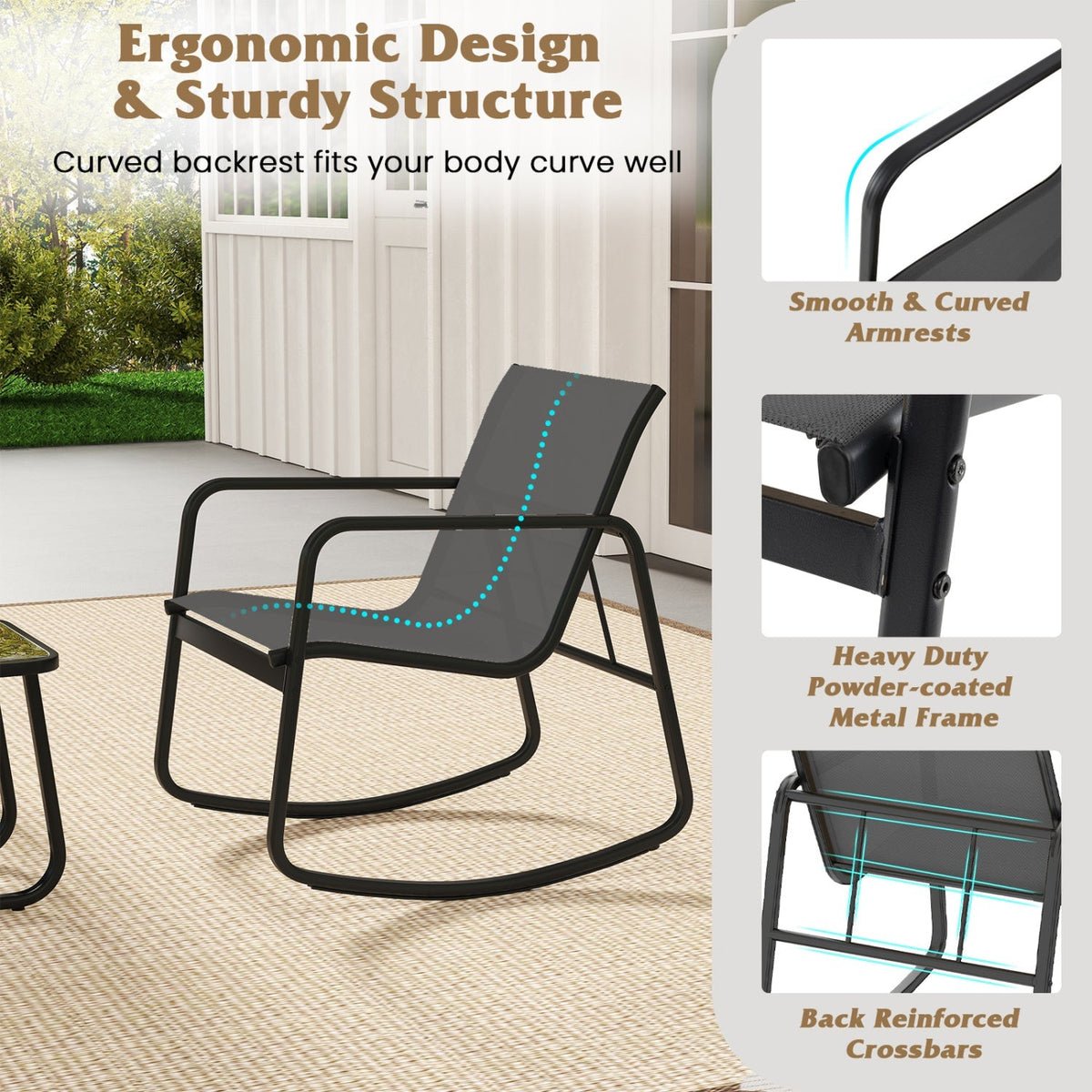 3-Piece Rocking Bistro Set with Glass Table for Patio 6