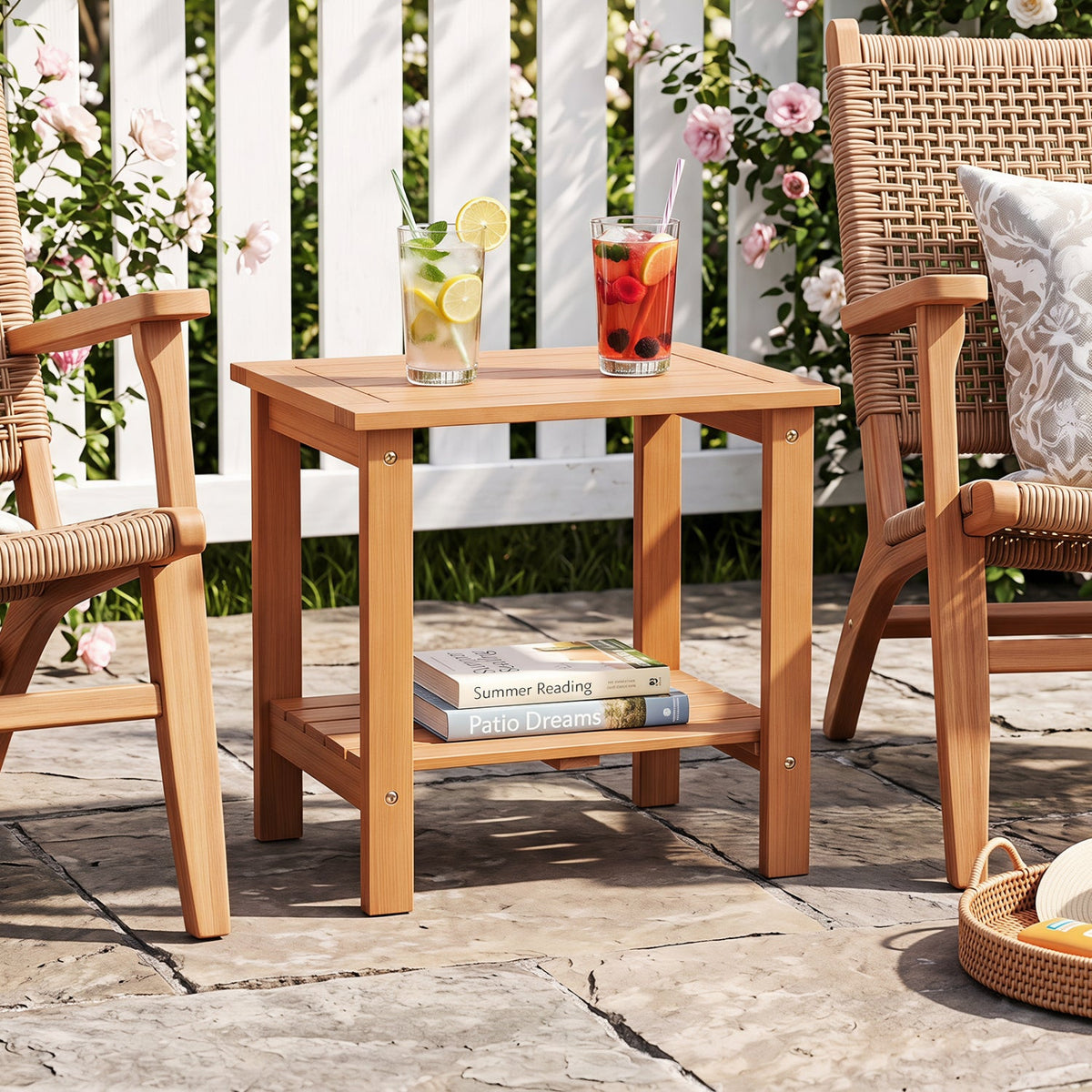 2-Tier Eucalyptus Wood Patio End Table with Storage Shelf 9