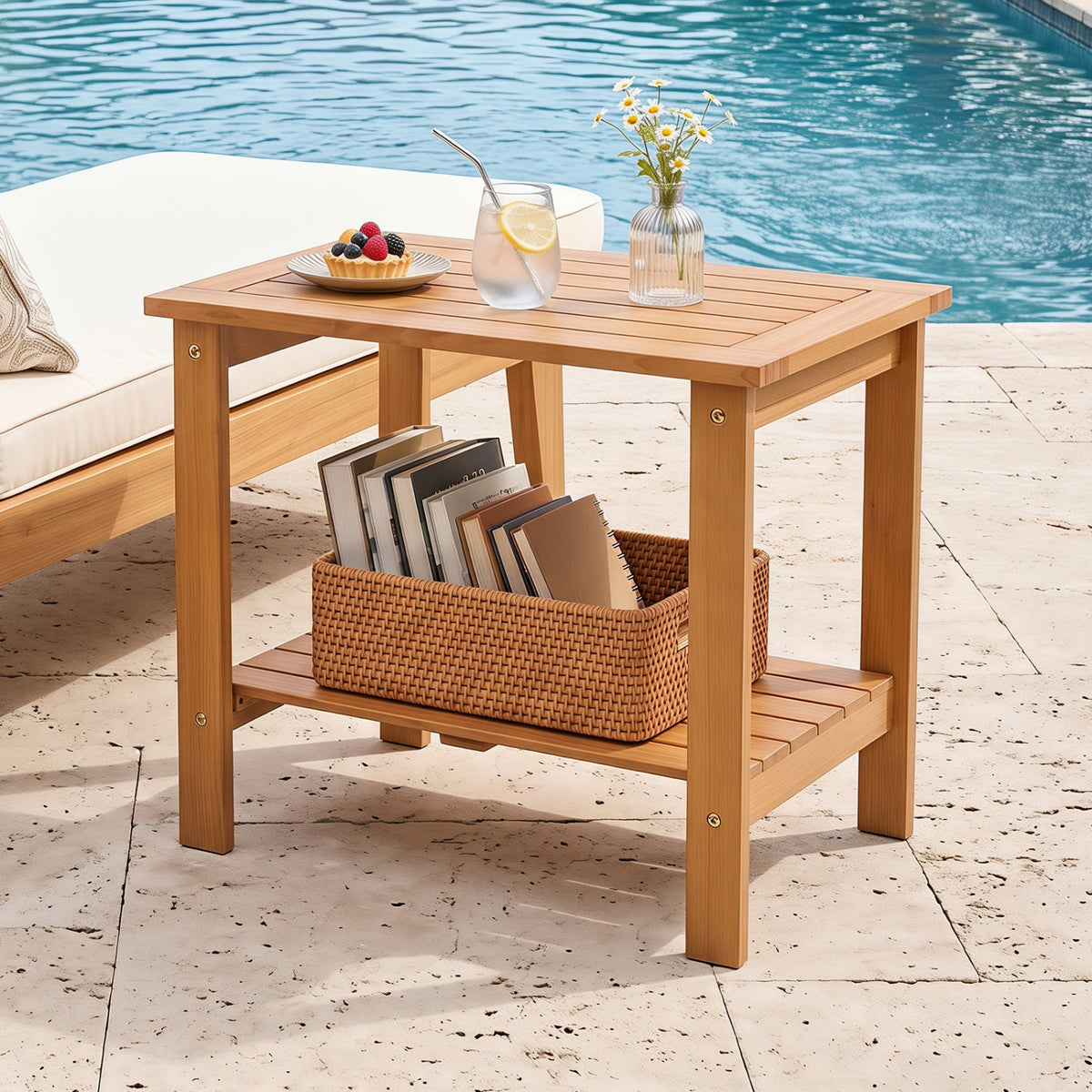 2-Tier Eucalyptus Wood Patio End Table with Storage Shelf 10