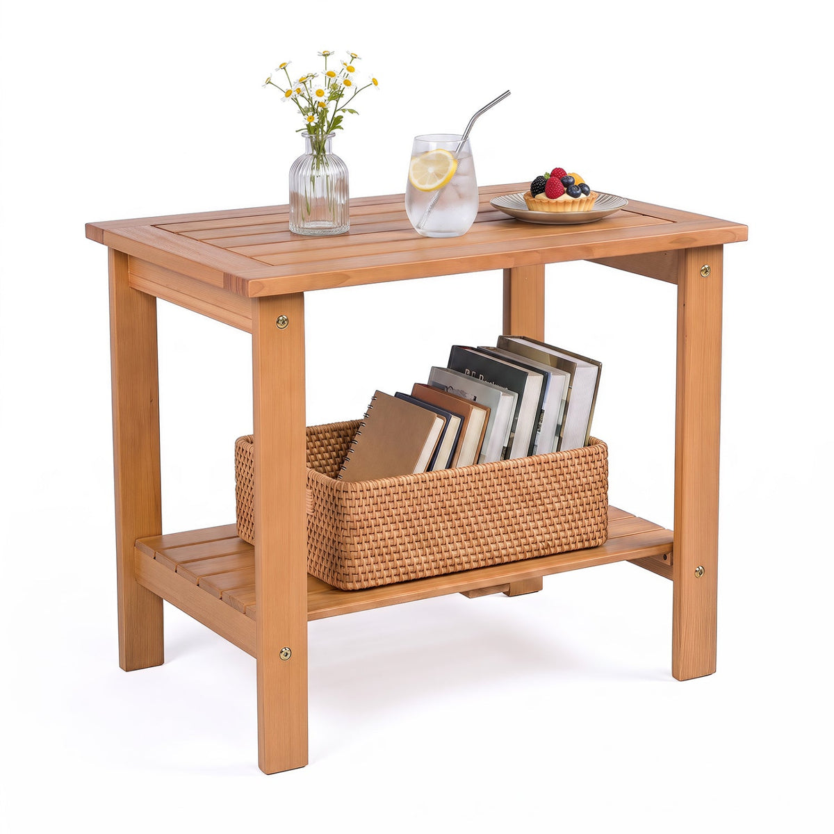 2-Tier Eucalyptus Wood Patio End Table with Storage Shelf 12