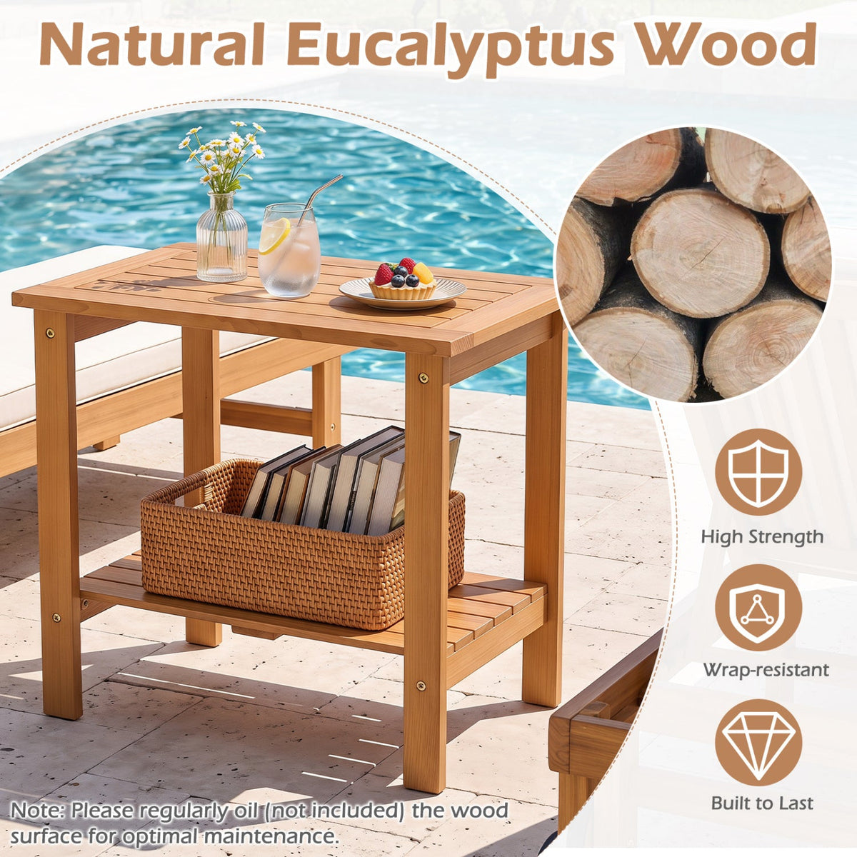 2-Tier Eucalyptus Wood Patio End Table with Storage Shelf 14