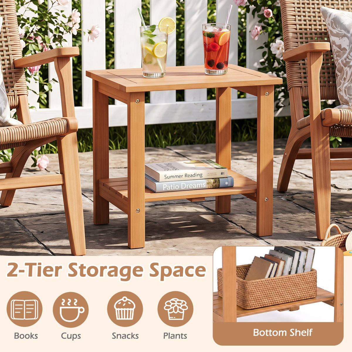 2-Tier Eucalyptus Wood Patio End Table with Storage Shelf 15